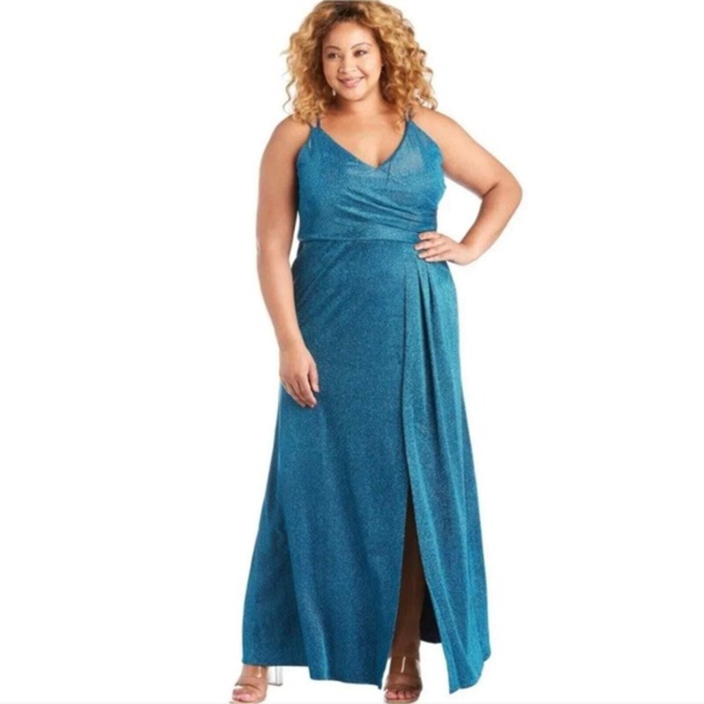 Morgan and Co blue teal shimmer metallic surplice maxi party prom dress plus 18W